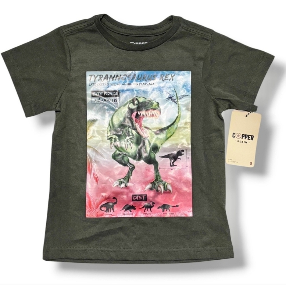 COPPER DENIM Army Green T-Rex Graphic Short Sleeve Crew Neck Shirt 5T
